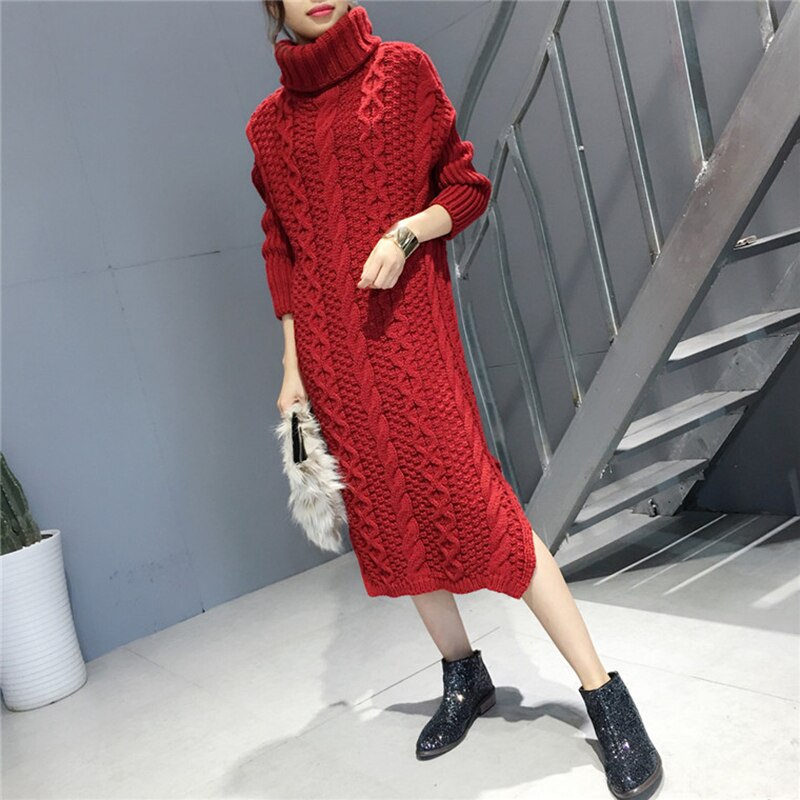 Woman Winter Dress Knitted Dress Turtleneck Long Sleeve Women Warm Long Sweater Dress Sweaters and Pullovers Women Clothing