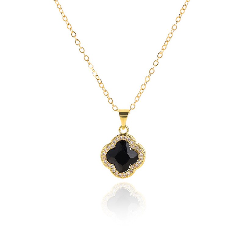 Elegante 24K Gold Clover Anhänger Halskette Für Frauen Chic Glück Gras Schlüsselbein Kette Halsketten: Black