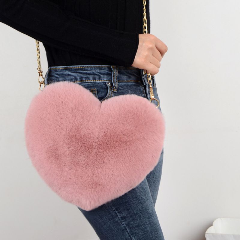 Puimentiua Mode Vrouwen Hartvormige Faux Fur Crossbody Portemonnee Portemonnee Keten Schoudertas Dame Handtas