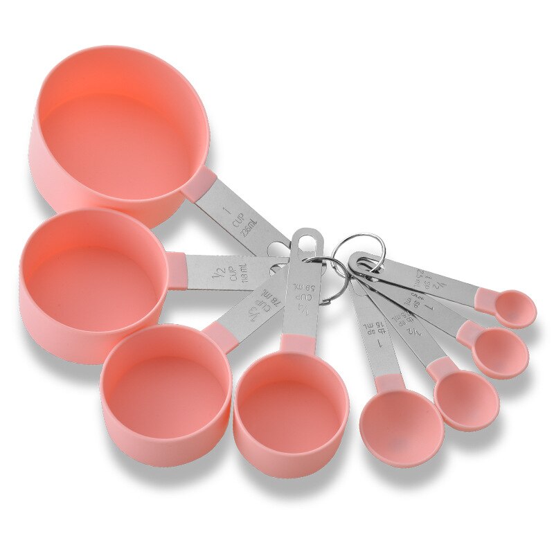 Taza medidora para hornear, cuchara medidora con mango de acero inoxidable de 8 piezas con taza medidora graduada, taza medidora de gramos: 8pcs Set  Pink