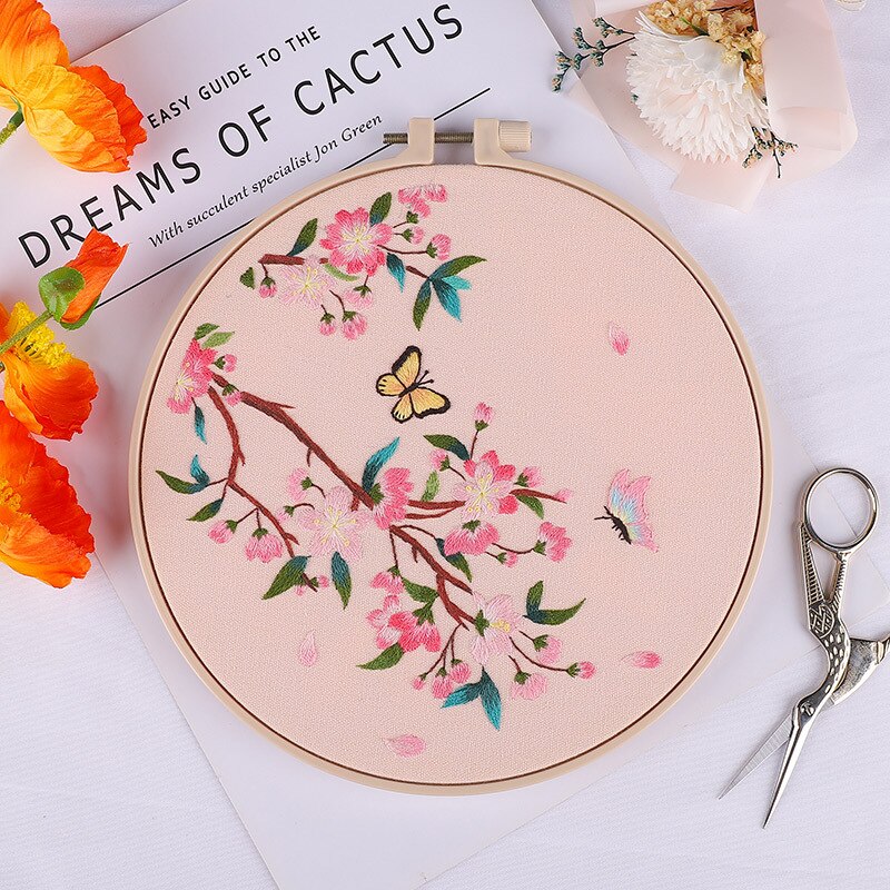 Chinese Flower Pattern Printed DIY Embroidery Kit with Hoop Handmade Needlework Cross Stitch Painting Sewing Craft Home Decor