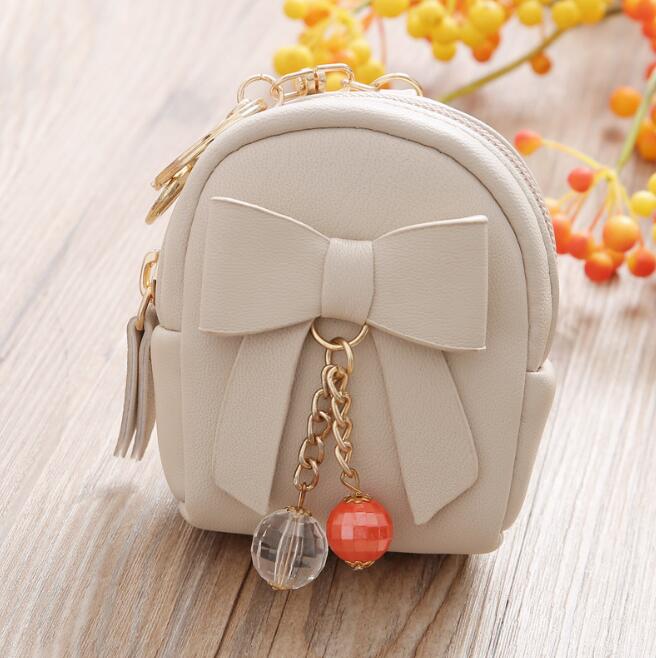 Ladies key bag small school bag bow pendant zipper coin purse mini purse: Beige