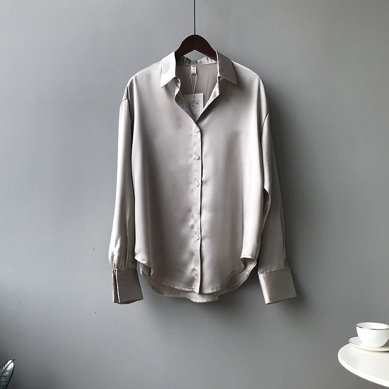 Crriflz forår kvinder lange ærmer satin bluse vintage femme v-hals street skjorter imiteret silke bluse: Champagne / L