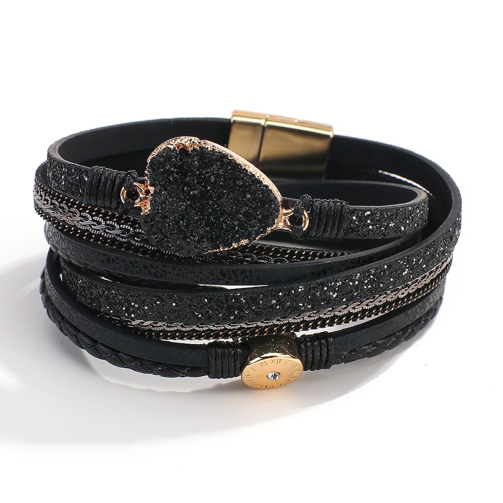 ALLYES Multilayer Geflochtene Leopard Leder Armbänder für Frauen Harz Charme Römischen ziffern Armband Paar Schmuck: Black