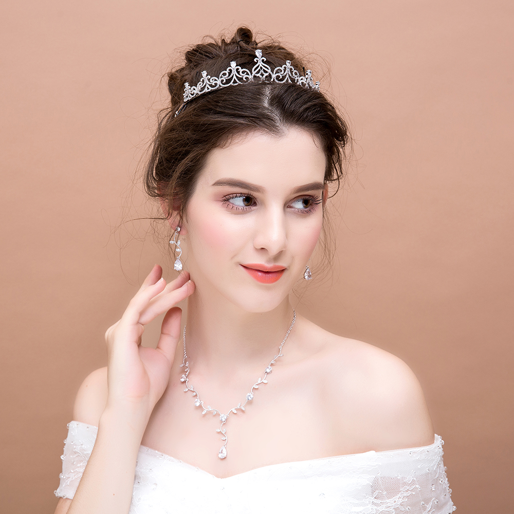 Princess Bridal Jewelry Sets Cubic Zirconia Micro Inlays Crown Tiara Wedding Bijoux AAA Zircon Stone Necklace Earrings