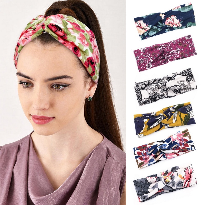 Women Flower Headband Floral Prints Elastic Turban Cross Knot Hair Band Wide Stretch Girls Sports Yoga Headband Hair Accessories