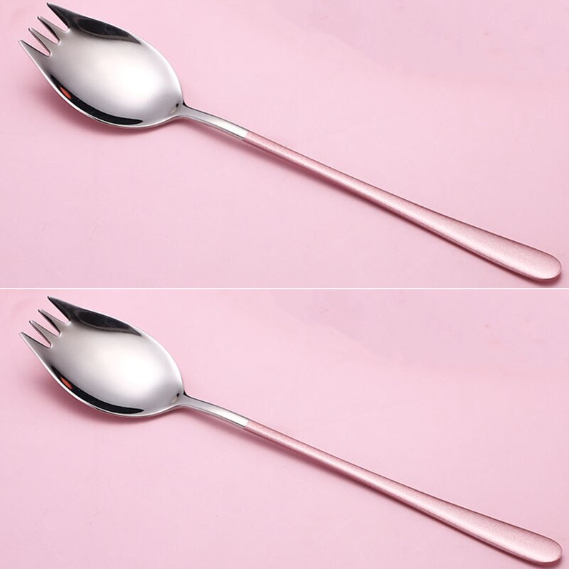 2Pcs Fork Spoon 2 In 1 Multi-function Camping Tableware Stainless Steel Cutlery Salad Spoons Unique Spoons Gold Dessert Spoon: 2pcs Pink silver
