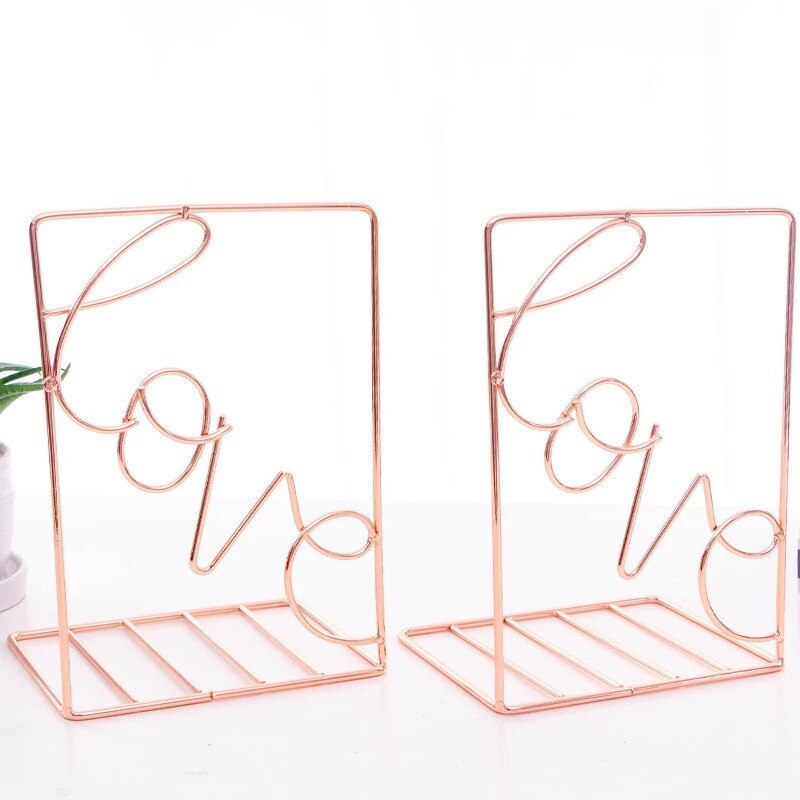 2 stk/par kaktus flamingo kærlighed formet metal bogstøtter skrivebord organizer opbevaring holder hylde jern støtte holder til bøger: Kærlighed steg gylden