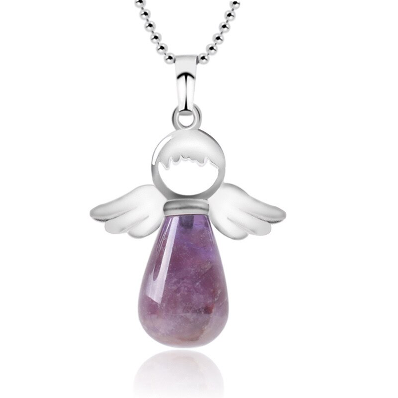 Pedra natural rosa anjo asa colar gota em forma de pingente feminino jóias camisola corrente acessórios presente de ano novo: Amethyst