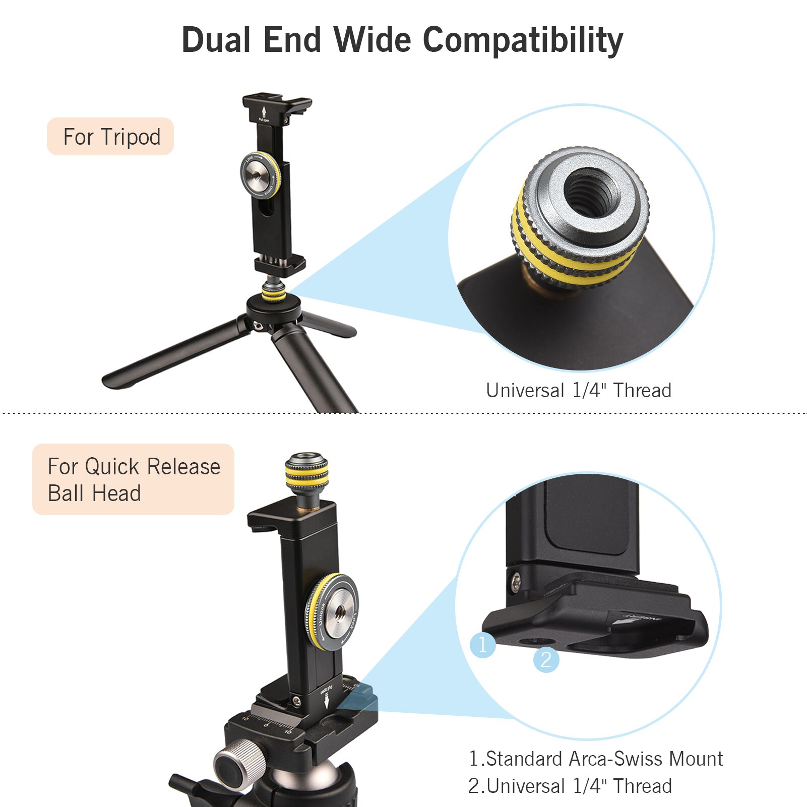 Andoer Smartphone Holder Clamp Tripod Mount with Standard Arca Swiss Mount Triple 1/4-inch Threads Cold Shoe Mount for Video