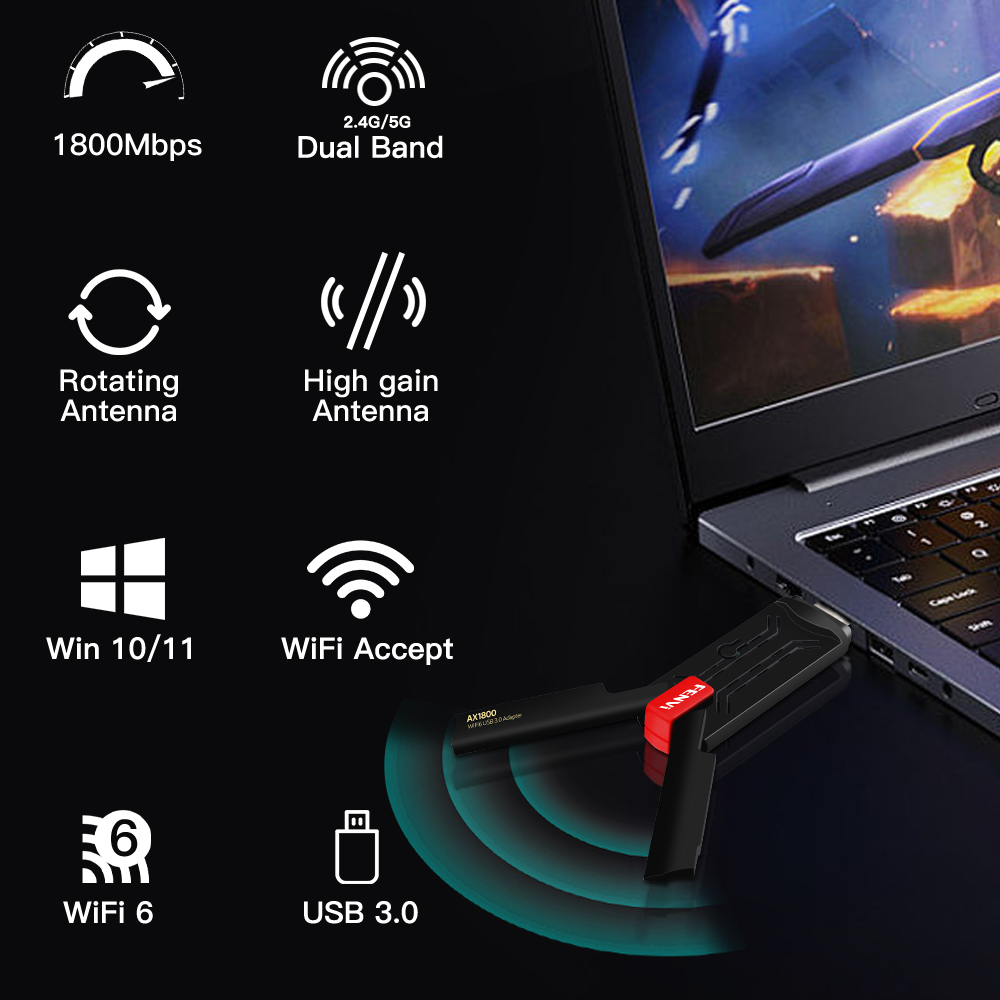 Fenvi WiFi 6 USB 3.0 Adapter AX1800 Dual Band 2.4G/5GHz Wifi6 USB Dongle Receiver Wireless Network Card MU-MIMO For PC Laptop