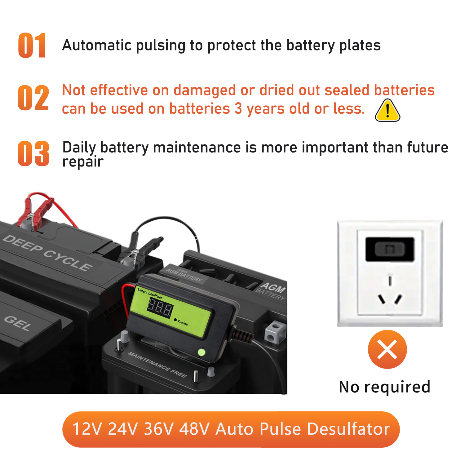 2A Lead Acid Battery Desulfator 12V 24V 36V 48V Battery Regenerator Auto Pulse Desulfator