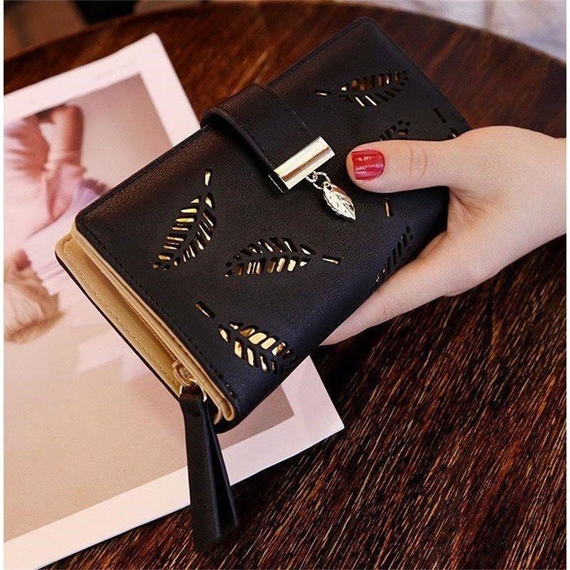 Portafoglio donna oro foglie vuote portamonete con cerniera in pelle Pu portamonete femminile Hasp lungo porta carte multifunzione pochette per telefono Lady