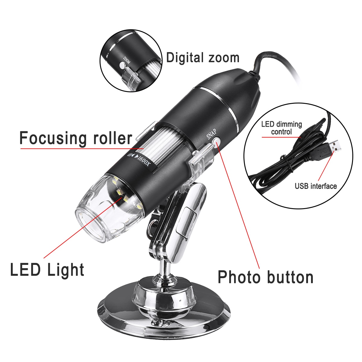 0-1600X 2MP 3 in 1 USB Typ C LED Einstellbar Mikroskop Handheld Tragbaren Digitalen Mikroskop Schnittstelle Elektron 8 LEDs Halterung