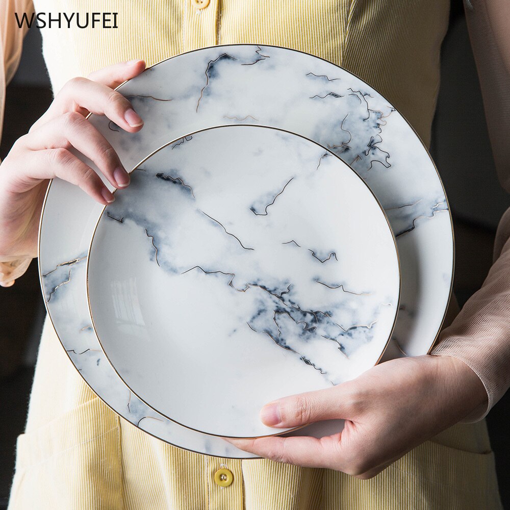 Marble Stripe Large Round Ceramic Plate Western Steak Pasta Salad Fruit Dessert Cake Storage Tableware