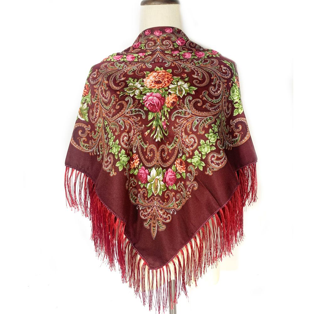 Bufanda rusa de 115x115cm para mujer, Bandana cuadrada con estampado Floral de lujo, chal con flecos ucranianos, pañuelo Babushka, envolturas para la cabeza: Borgoña