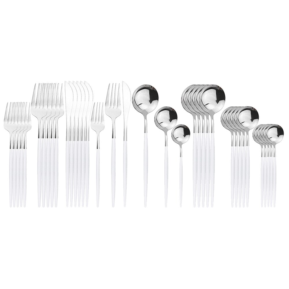 36 stk sort guld bestik sæt 18/10 rustfrit stål guld spisestel home western ske gaffel kniv bøf spisestel service sæt: Hvid sølv