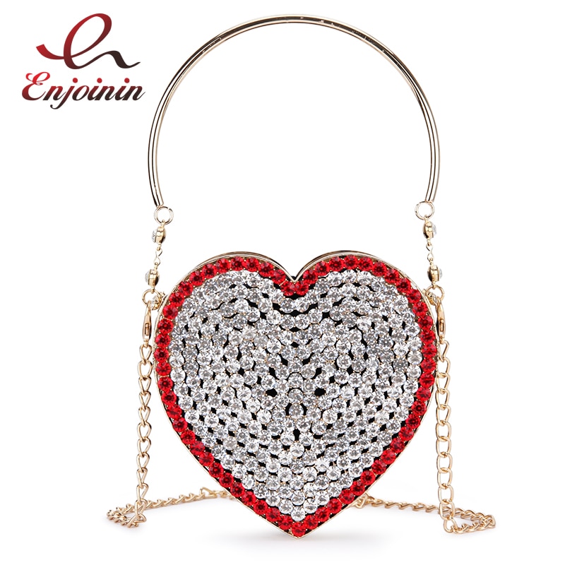 Bolso de mano de lujo con forma de corazón de diamante para mujer, cartera de mano con cadena de diamantes de imitación, ahuecada jaula de Metal, novedad