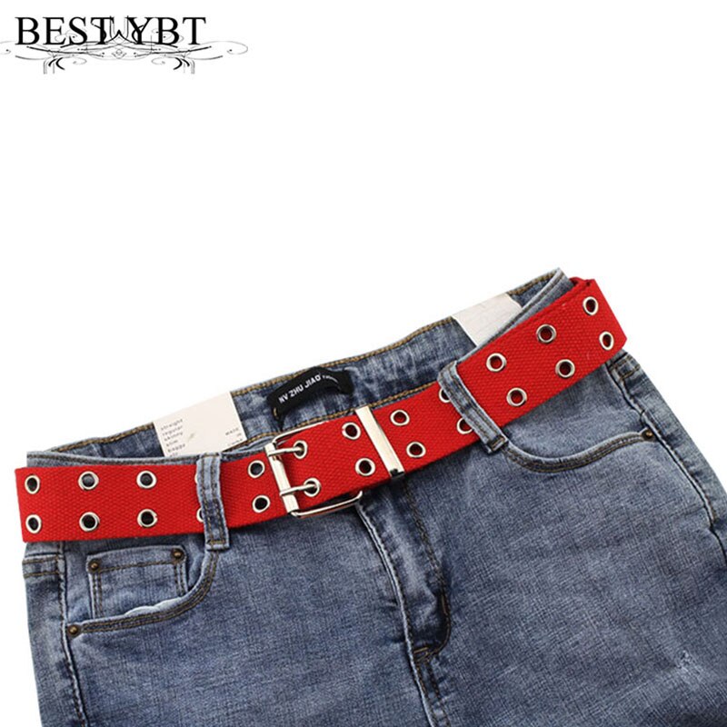 Best YBT-Cinturón de lona Unisex, cinturón con hebilla de aleación de doble fila para fotos de la calle, cinturón hueco Chic con cadena