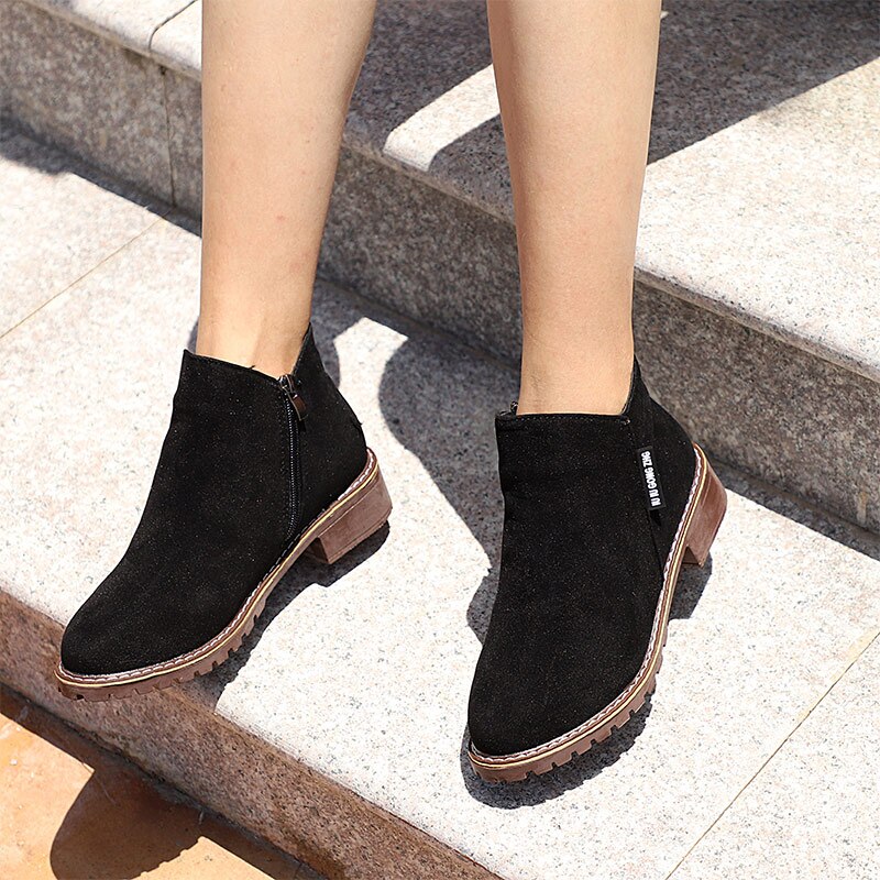 Dame ankelstøvler høst dame semsket skinn firkantede lave hæler plattform klassiske sko dame fritidssko