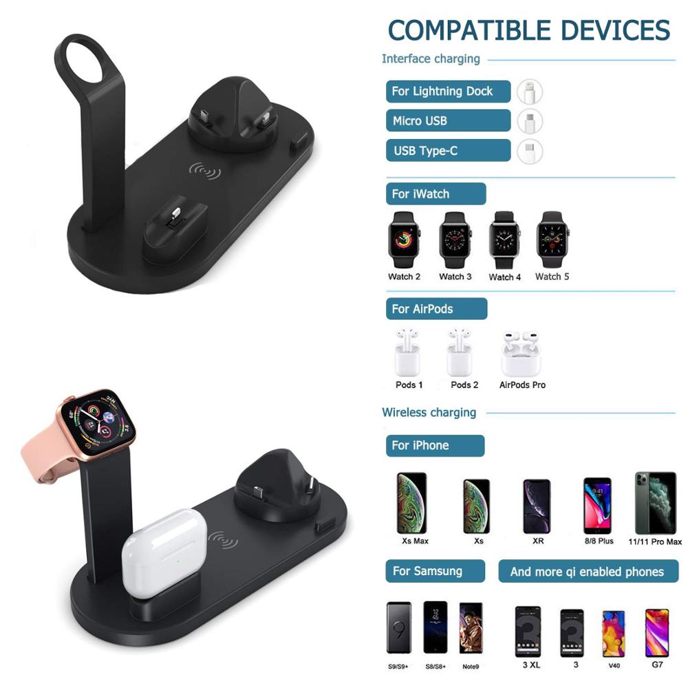 4 em 1 estação de carregamento sem fio do carregador do desktop da mesa da doca para dispositivos múltiplos para o relógio da apple airpods iphone micro usb tipo-c