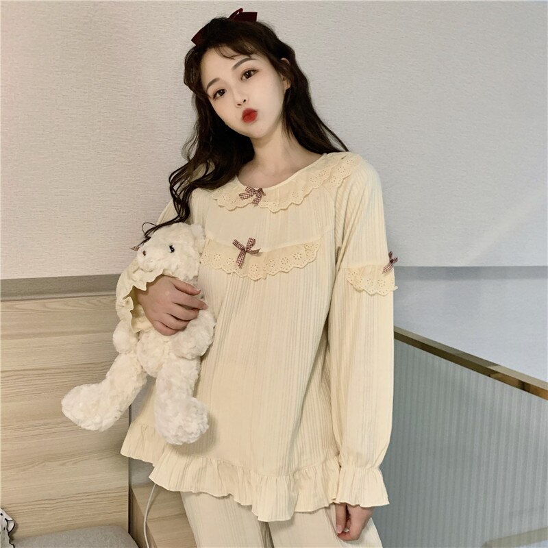 cute pijamas women bow tie pyjamas homewear clothes sleepwear 2 piece set pajamas set lolita princess home suit pants top Y231