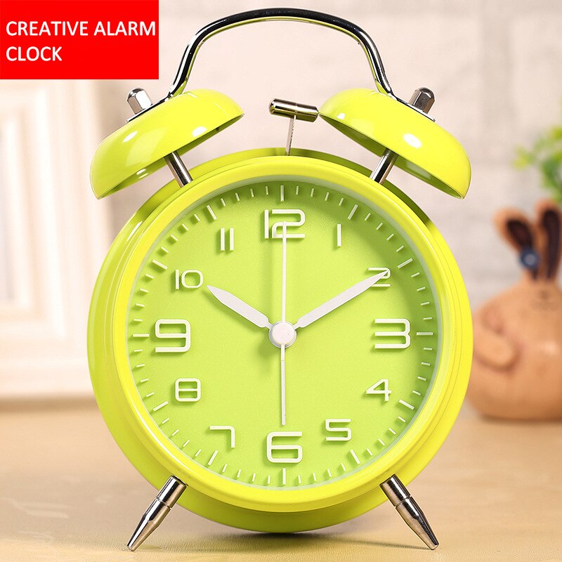 Reloj despertador de doble campana de 4 pulgadas para niños, cronógrafo de Metal con personalidad, , luminoso, para sentarse, decoración del hogar: Green