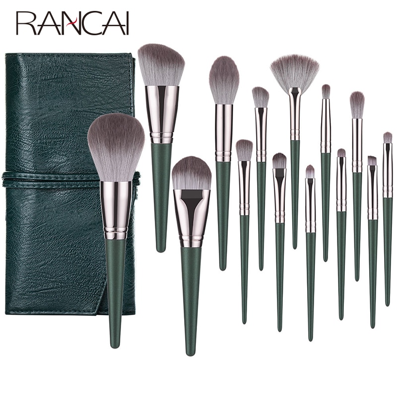 Rancai 14 stuks make-up kwastenset crochas maquillaje green large losse poeder hoogglans oogschaduw foundation contour synthetihair