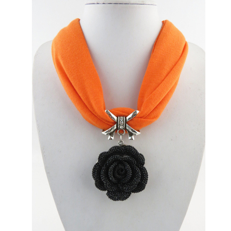 Classic Black Rose Flower Pendant Tassel Scarf Necklace Soft Cotton Neck Wrap Party Short Polyester Scarf Women