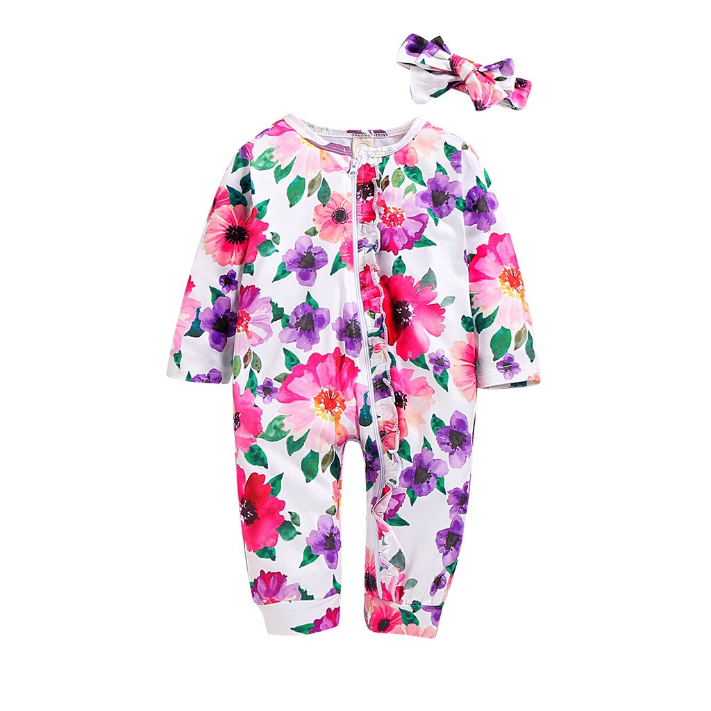 Barboteuse en coton pour bébés garçons et filles, combinaison à manches longues, imprimé Floral, bandeau, tenues de printemps et d'automne: 100