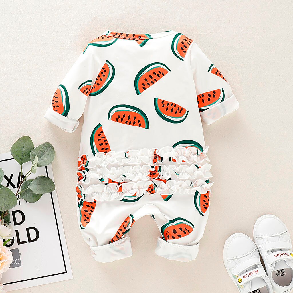 Meninos macacão crianças macacão verão manga longa melancia impressão babados sleepper macacão playsuit roupas 2020