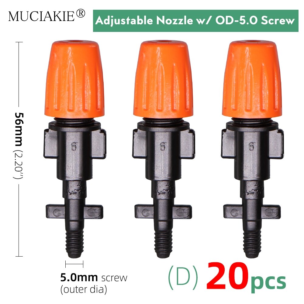 Orange Adjustable Garden Micro Drip Irrigation Misting Nozzles Sprinklers with w/ 1/4'' 3/8'' Hose Barbed Tee Threaded Connector: Dx20pcs