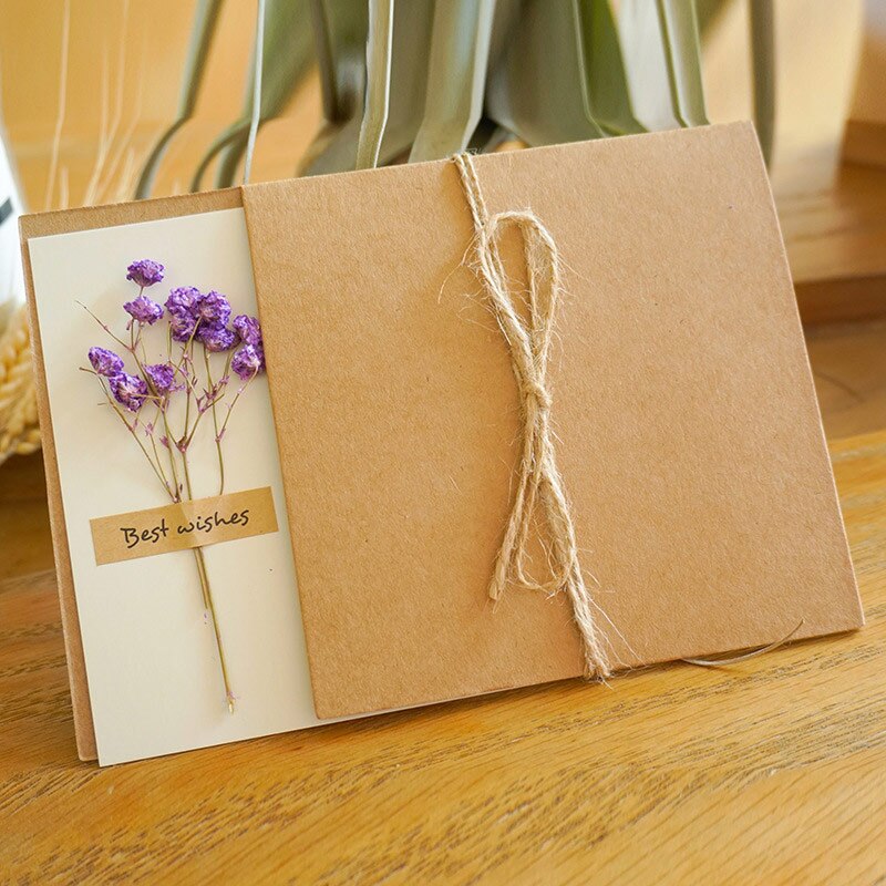 DIY Kraft Paper Handmade Dried Flowers Invitation Greeting Card Happy Birthday Grateful Thank You Card Christmas Wedding Favors: 04