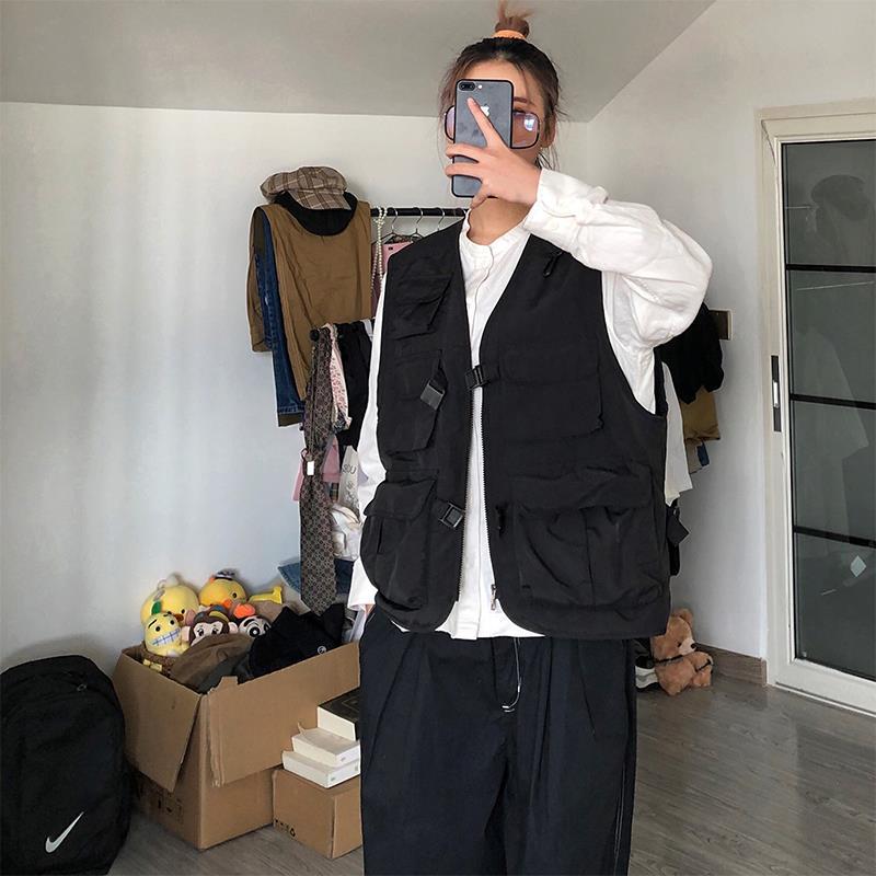 Gilets femmes japon Style Harajuku poches Cargo Chic adolescents sans manches veste rue collège unisexe été dames vêtements d'extérieur