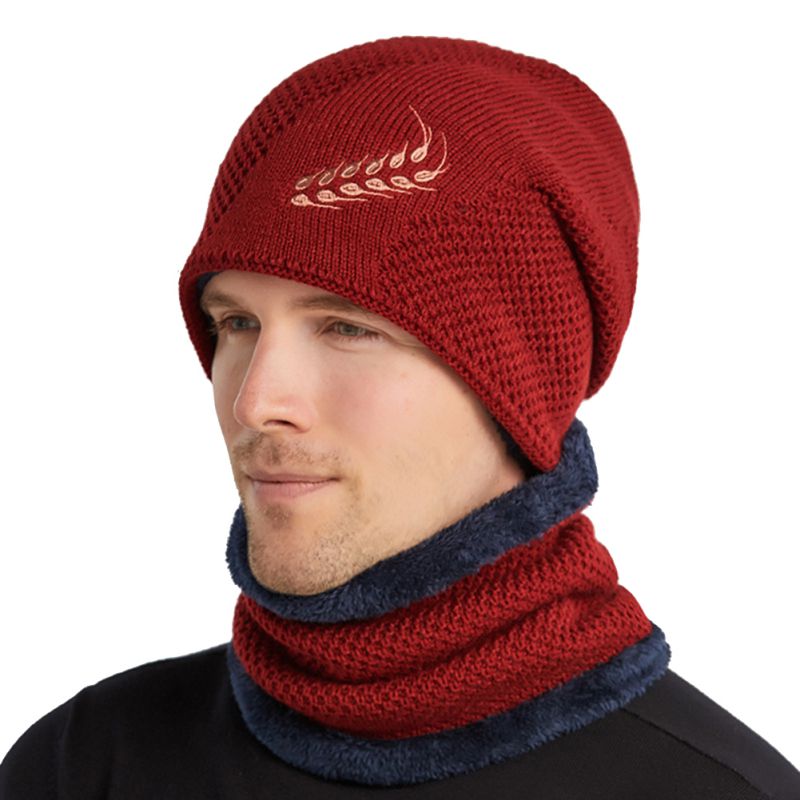 Gorro de punto para hombre de Otoño Invierno, conjunto de bufanda, gorro más cálido, grueso, térmico, mullido, cálido gorro de senderismo, gorros, gorro: wine red