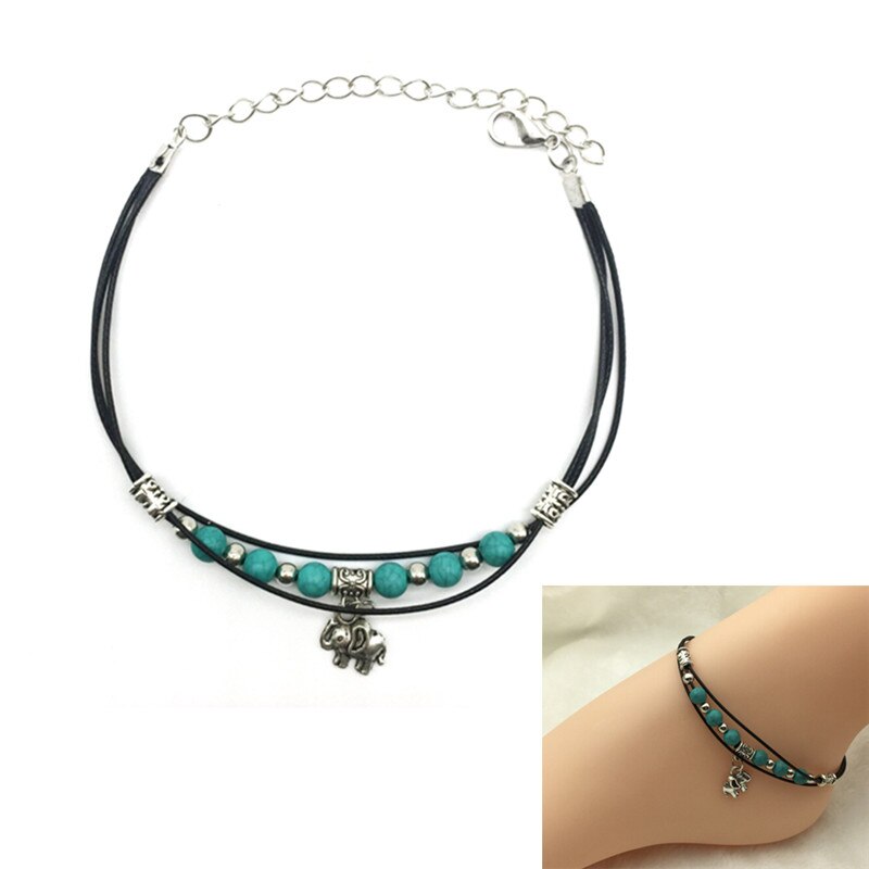 Tobillera de cuentas con colgante de elefante tibetano, joyería de playa, pulsera de tobillo con cadena de cuero para pies, Estilo Vintage, Retro, bohemio, 1 unidad