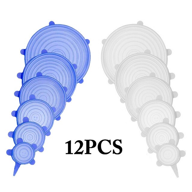 12 PCS Round Reusable Silicone Food Cover Elastic Stretch Adjustable Bowl Lids Kitchen Wrap Seal Fresh Keeping Silicone Caps: Blue White