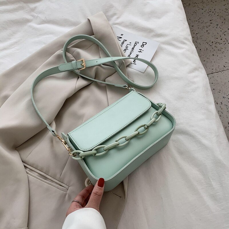 Effen Kleur Kleine Pu Lederen Crossbody Tassen Voor Vrouwen Zomer Ketting Lady Reizen Schouder Eenvoudige Handtassen: green