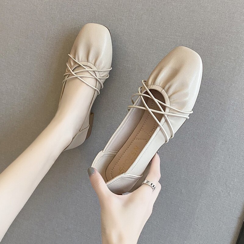 Koreaanse schoenen met vierkante neus, herfst, ondiepe mond, damesschoenen, casual sneaker, all-match, retro, oma, herfstjurk, comfortabel: Beige / 39