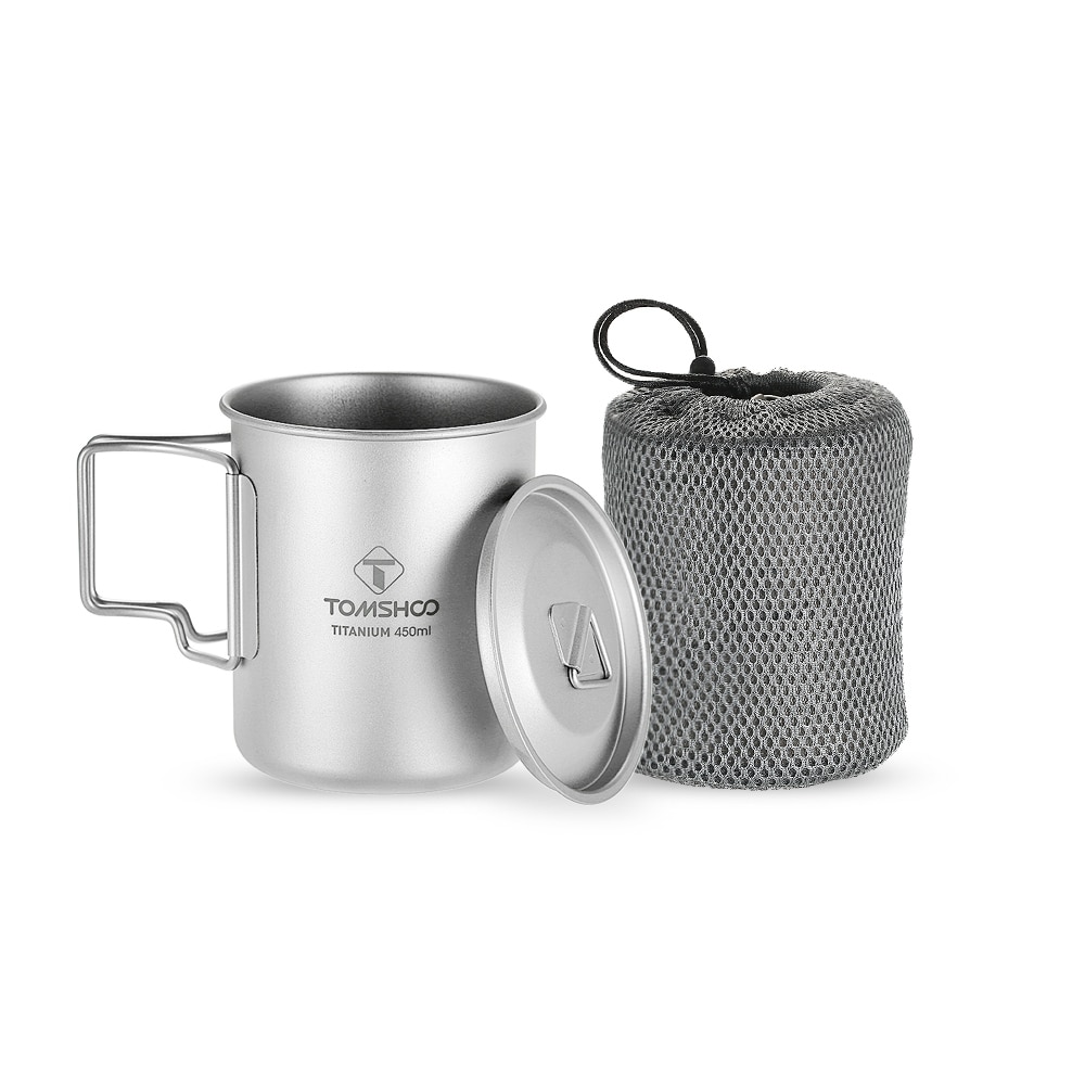 Tomshoo 450Ml Titanium Cup Water Cup Mok Met Deksel Opvouwbare Handvat Titanium Vouwen Lepel Spork Outdoor Draagbare Camping Picknick