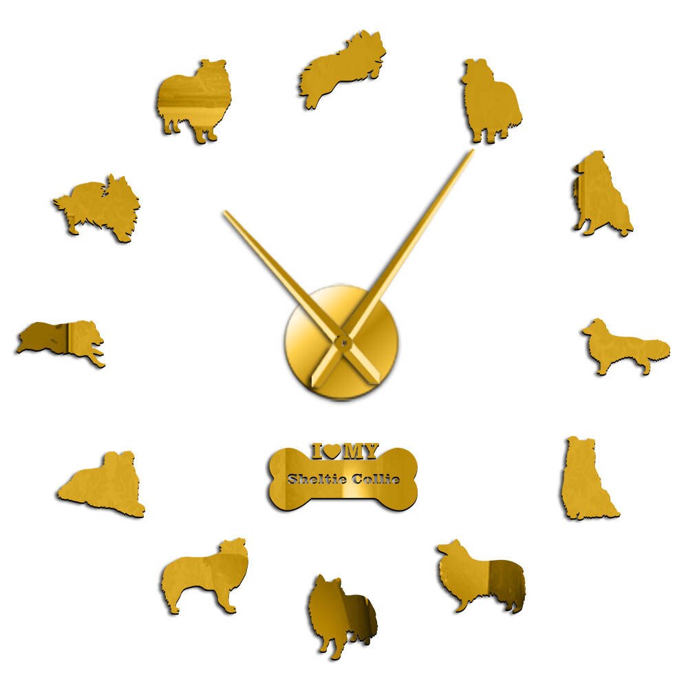 Sheltie Collie perro raza silencio cuarzo DIY pared reloj Sheltie Shetland Sheepdog cachorro sin marco Reloj de pared rugoso Collie Pet reloj: Gold / 47inch