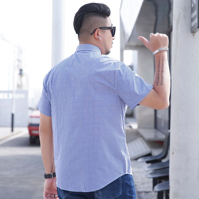 10XL big size Summer Men's leisure boutique cotton short sleeve shirt lattice Male lapel embroidery casual shirts