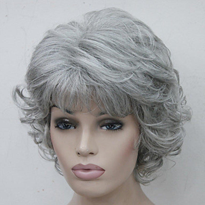 HAIRJOY-Peluca de cabello sintético para mujer, Pelo Rizado corto, color plata, blanco, gris, degradado, fibra resistente al calor: gray