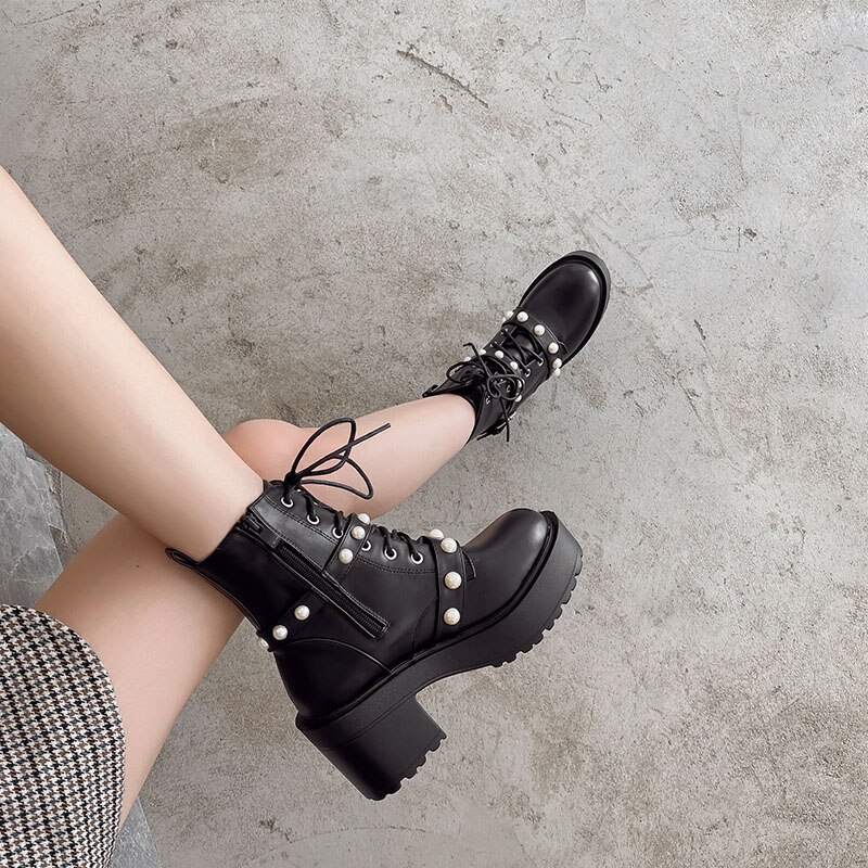 Zapatos góticos de demonio con hebilla de perla para mujer, botines de estilo gótico con plataforma Punk, botas con cordones,: 5
