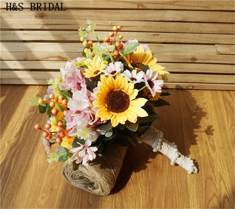 H &amp; S – bouquet de mariage avec poignée en dentelle, tournesol, fleurs de demoiselle d&#39;honneur jaunes, fleur artificielle de mariage