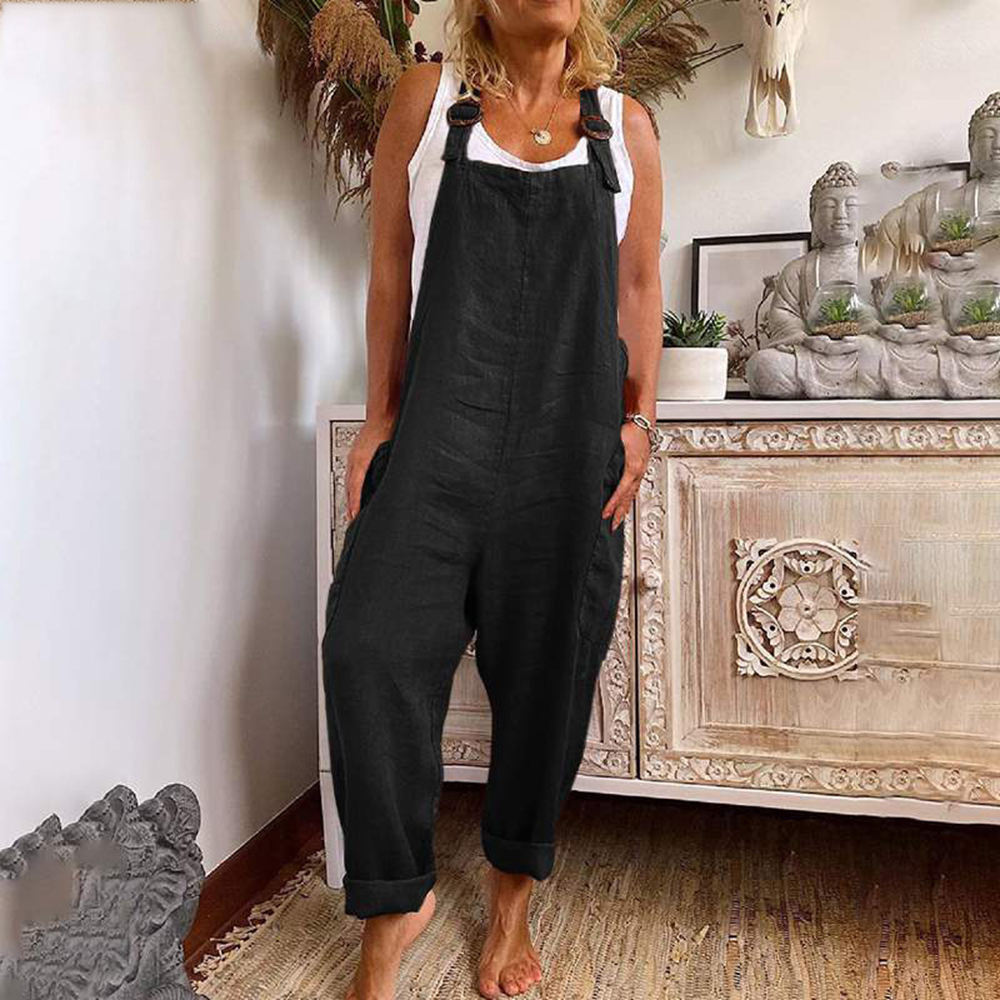 Cotton Blend Jumpsuit Women Summer Casual Solid Overalls Bodysuits Oversized Wide Leg Pants Female Clothing Streetwear Rompers: 4XL / black