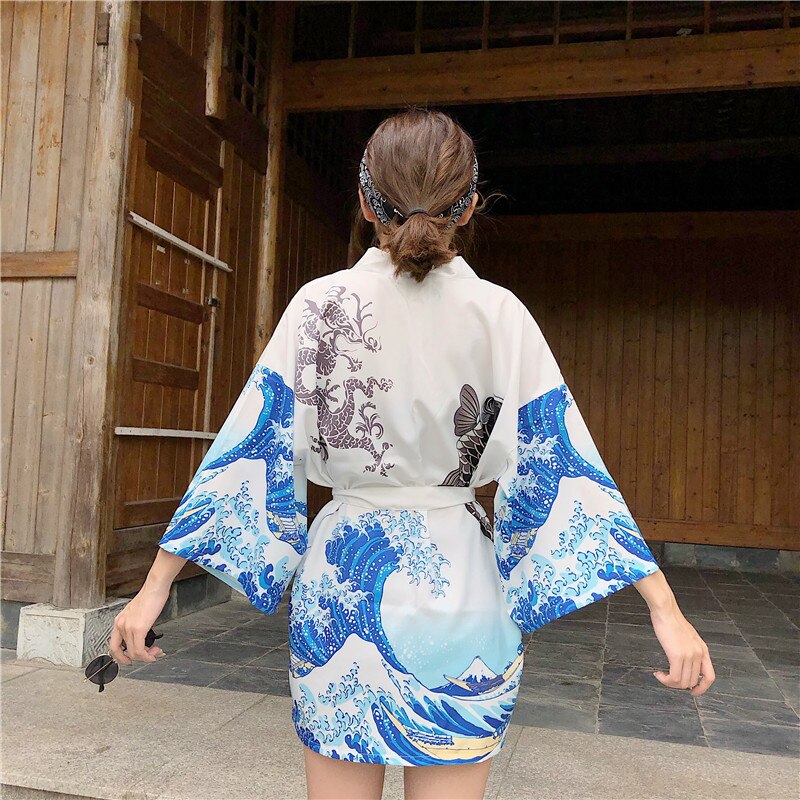 La grande vague de Kanagawa femme japonais traditionnel Orient ethnique Cardigan Kimono manteau unisexe mince lâche Ukiyo-e tenues