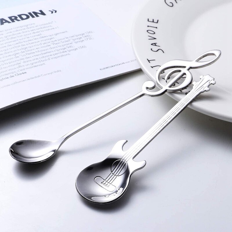 6Pcs Note Spoon and Guitar Spoon Set Teaspoon Stainless Steel Note-Shaped Coffee Spoon (3 Notes + 3 Guitars)