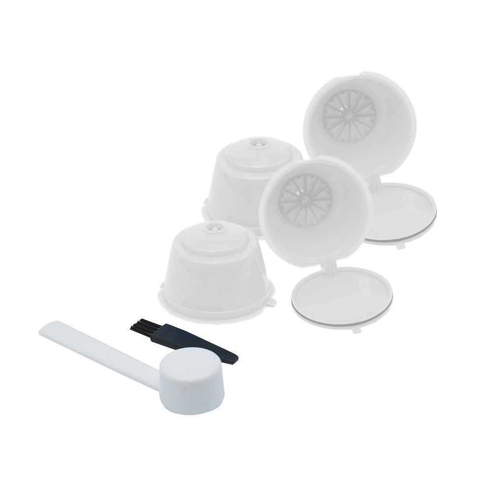 Wiederverwendbare Kaffee Kapsel Filter Tasse Edelstahl Metall Kapsel für Nescafe Dolce Gusto Nachfüllbare Kappen Löffel Pinsel Filter: 4Stck Plastik Weiß