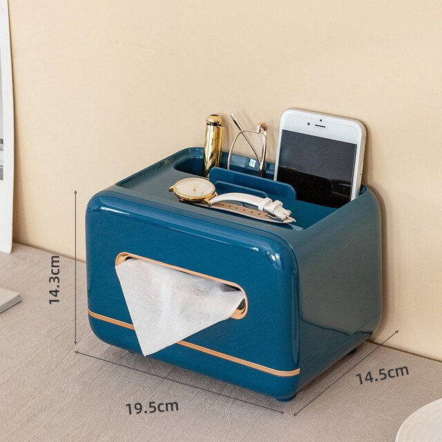 Nordic Plastic Tissue Dozen Met Afstandsbediening Houder Multifunctionele Tissue Papier Opbergdoos Thuis Kantoor Aanrecht Organizer: Blue